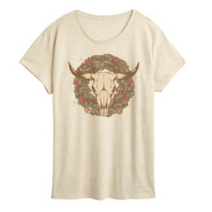 Women's - Instant Message - Cow Skull Wreath Short Sleeve Graphic T-Shirt - 1 of 4