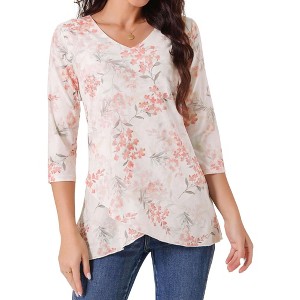 Seta T Women's Irregular Hem V Neck Mesh 3/4 Sleeve Floral Double Layered Tunic Top - 1 of 4