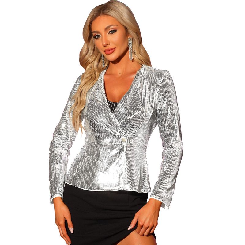 Allegra K Women's 1 Button Long Sleeve Party Sequin Sparkle Shawl Collar Jackets, 1 of 7