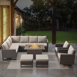 POCASSY 8 Piece Outdoor Sectional Patio Furniture Set, All Weather Brown Wicker Outdoor Furniture Set with Swivel Chair and 41" Propane Fire Pit - 1 of 4
