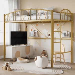 TackView Twin Size Loft Bed, Metal Loft Bed Frame with Arched Guardrail and Safety Ladder, Space-Saving, Heavy Duty - 1 of 4