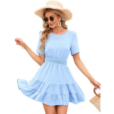 Women's Summer Round Neck Short Sleeve Casual Mini Swiss Dot Chiffon Smocked Waist Tiered Ruffle Hem Beach Dresses