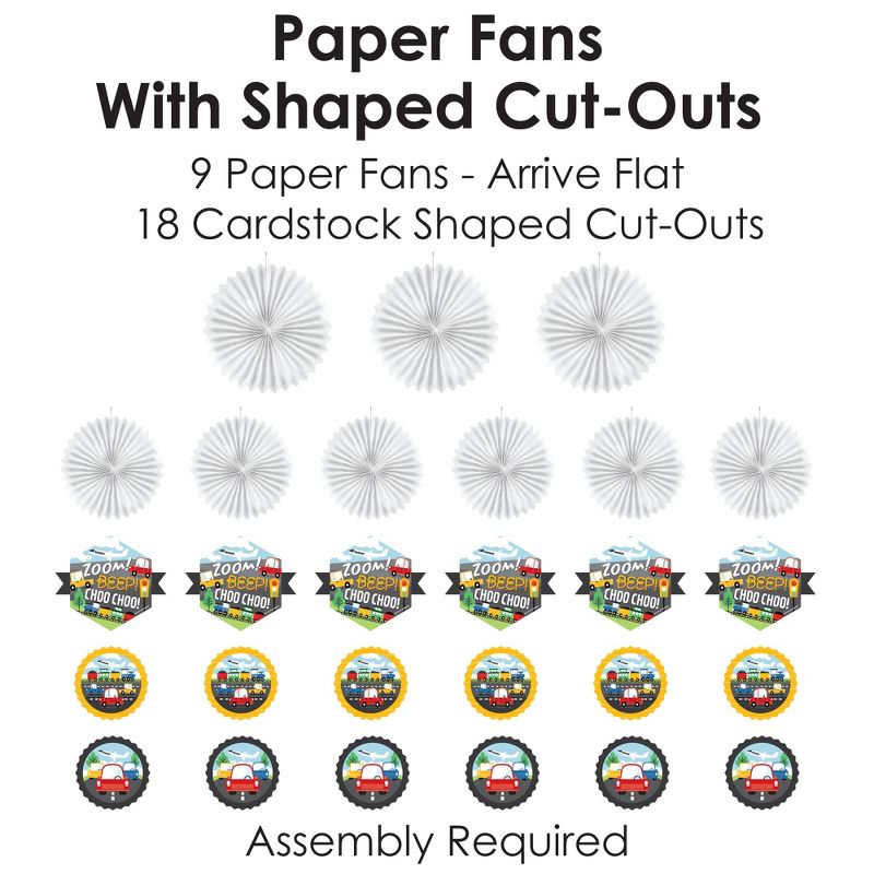 Big Dot of Happiness Cars, Trains, and Airplanes - Hanging Transportation Birthday Party Tissue Decoration Kit - Paper Fans - Set of 9, 5 of 9