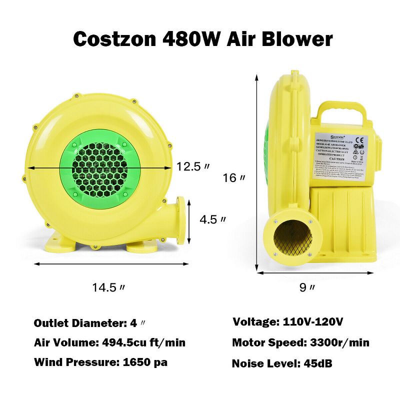 Costway Air Blower Pump Fan 480 Watt 0.6HP For Inflatable Bounce House Bouncy Castle, 2 of 10