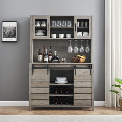 Whizmax 70" Farmhouse Coffee Bar Wine Cabinet with Sliding Barn Doors and Storage,Tall Kitchen Hutch with Wine & Glasses Rack for Kitchen, Dining Room