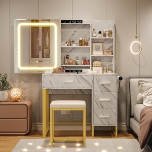Dresser Set, 4 Drawers with Electrical Outlet, Sliding Mirror, Lighting, Stool, Open Shelf, 3 Color Light Modes, White - 1 of 4