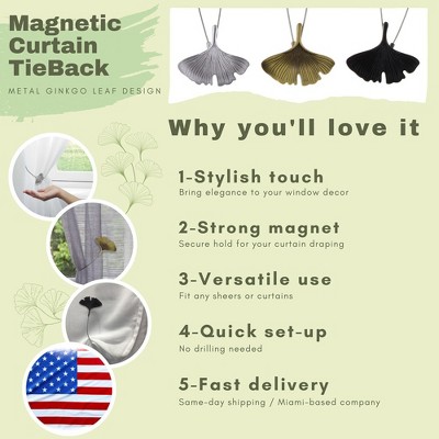 Set of 2 Black Metal Ginkgo Leaf Magnetic Curtain Tiebacks