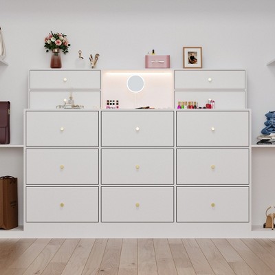 Famapy 13 Drawer Horizontal Dresser Adjustable Coloured Display Light Storage White