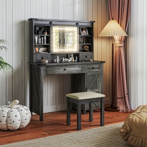 HOMCOM 42" Glass Top Vanity Desk Set with Mirror and Lights, Stool, Dressing Table with Storage Drawer, Cabinet, Shelves - 1 of 4