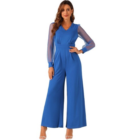 Allegra K Women s Elegant V Neck Mesh Long Sleeve Loose Wide Leg Party Jumpsuits Royal Blue Medium