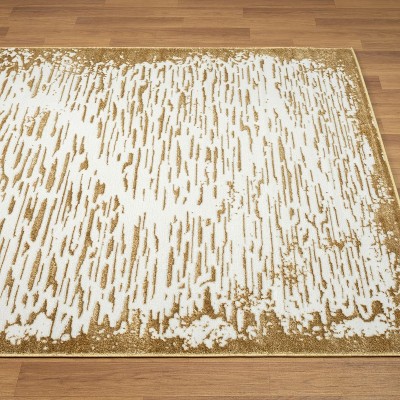 Gold and White Abstract Pattern Synthetic Area Rug, 4' x 5'
