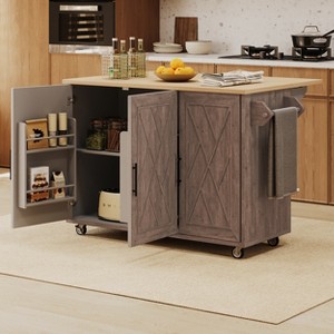 51" Farmhouse Rolling Kitchen Island Kitchen Storage Cart on Lockable Wheels with Drop Leaf, Storage Racks, Towel Rack, Brown/Black-ModernLuxe - 1 of 4