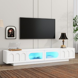 HDZNVF TV Stand with Fluted tempered Glass Doors for TVs Up to 95 inch, Functional Media Console with Arched Cabinet Doors, White - 1 of 4
