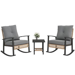 Outsunny 3 Pieces Patio Bistro Set, Wicker Furniture Set with Button Tufted Cushions, Rattan Rocking Chairs and Coffee Table - 1 of 4