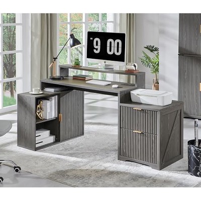 TAJSOON 67" Modern L Shaped Desk with Storage Cabinet & Drawers, Grayish Green