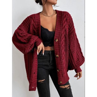 Womens Lantern Long Sleeve Twist Sweater Cardigan Jacket Fall Casual Button V Neck Retro Style Fashion Loose Shirt Top