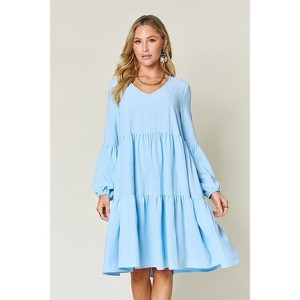 I am a Fashion junky Double Take Full Size V-Neck Balloon Sleeve Tiered Dress with Pockets - 1 of 4