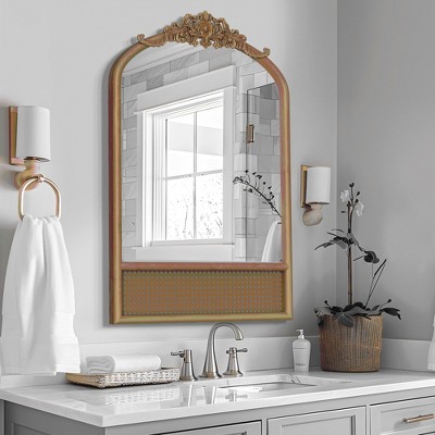 Lirago Arch Rattan Wood Mirror with Carved Design Vanity Mirror Decor Mirror 36*24 Brown