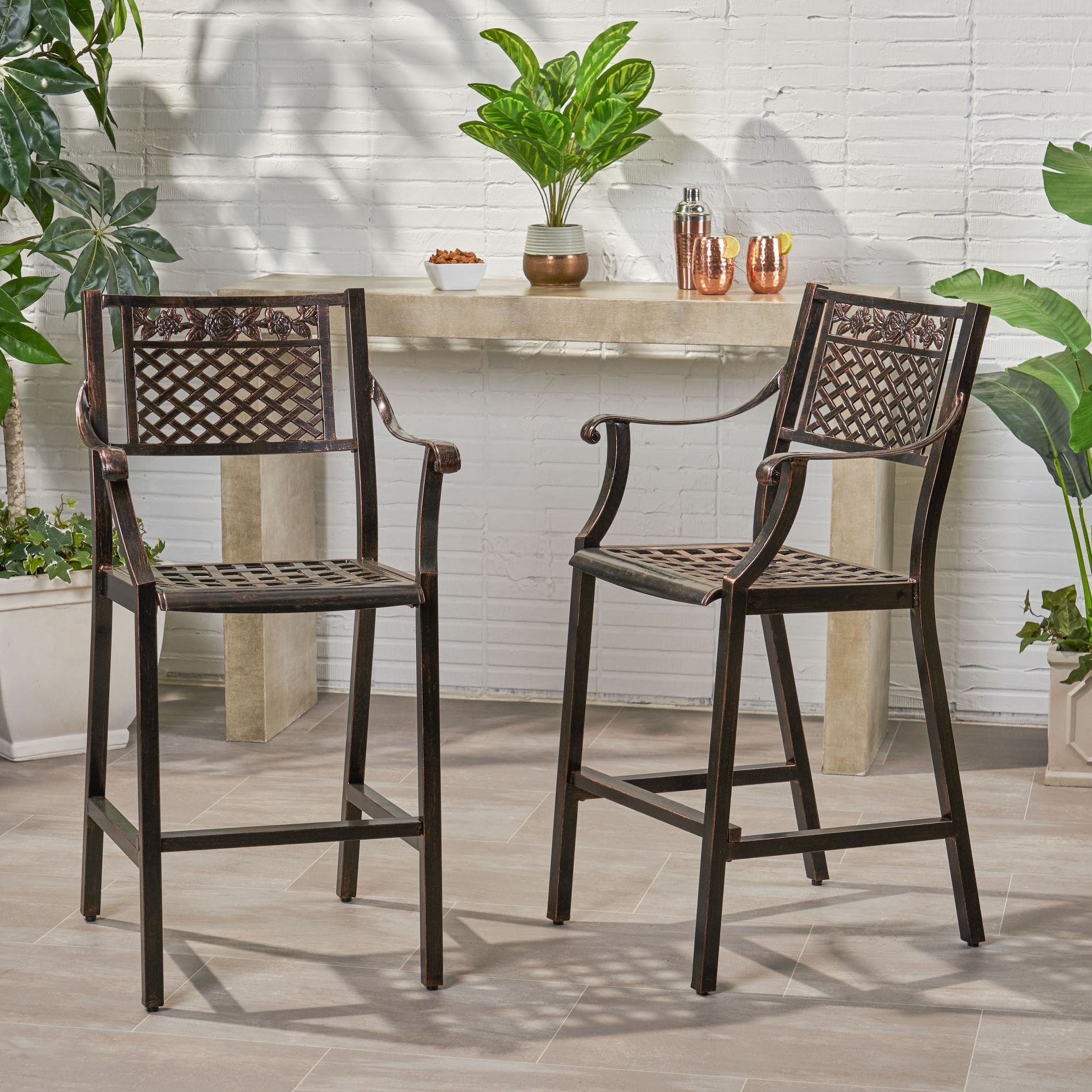 Spassway 2-Piece 47"H Brown Weather Resistant Metal Patio Counter Bar Stools and Chairs with Armrests for Indoor Outdoor Backyard Use
