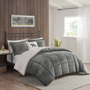 Sapphtopaz 4-Piece Full/Queen Sheet Set, Plush Alternative Comforter Set, Sheets Queen Size Bed Set, Bedding with Decorative Pillow -Charcoal & Ivory - 1 of 4