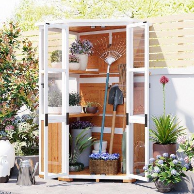 Coolbibila-63'' H Garden Wood Storage Cabinet Outdoor Tool Storage Shed, Mini Greenhouse Cold Frame With Waterproof- Roof And Lockable Door