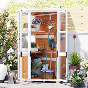 Coolbibila-63'' Tall Garden Wood Storage Cabinet, Mini Greenhouse Cold Frame With Waterproof- Roof And Lockable Door For Backyard, Storage Sheds - 1 of 4
