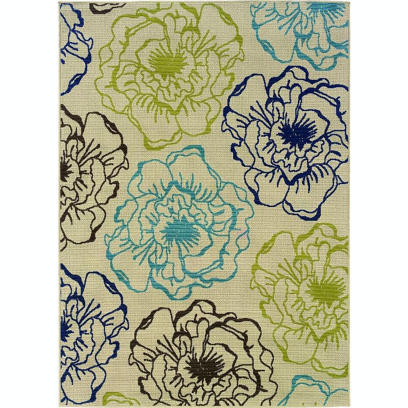 Oriental Weavers Outdoor Ivory Blue Polypropylene Floral Machine-Woven Area Rug, 1 of 9