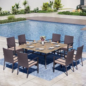 Captiva Designs 9pc Spacious Slat-top Square Metal Table with Umbrella Hole & Armrest Rattan Chairs with Beige Cushions - 1 of 4