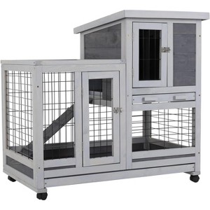 FDW Rabbit Hutch Indoor and Outdoor Rabbit Cage 37 Inch Wide Wooden Hutch House Guinea Pig Cage with Wheels Rolling Large Hutch Cage,Grey - 1 of 4