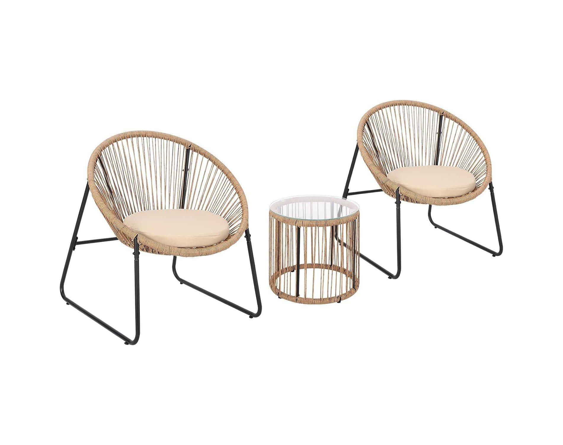 3 Piece Patio Bistro Set Acapulco Chairs with Cushions and Glass Top Side Table Woven Rope All Weather Conversation Set for Balcony Porch Poolside