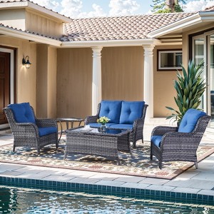 Gymojoy 5 Piece Outdoor Wicker Loveseat Sofa with Patio Chairs with Coffee Table and Side Table - 1 of 4
