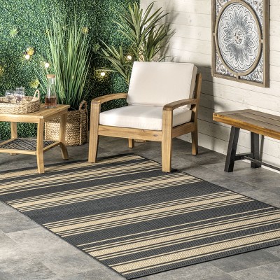 Charcoal and Tan Striped Indoor/Outdoor Synthetic Rug