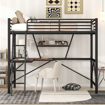 PAGED Twin Size Loft Bed with Desk Modern Metal Bed Frame with Storage Shelf and Inclined Ladder for Bedroom