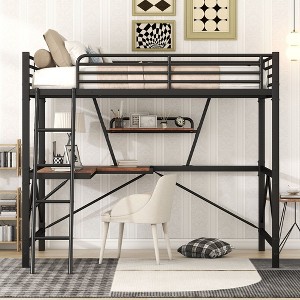 PAGED Twin Size Loft Bed with Desk Modern Metal Bed Frame with Storage Shelf and Inclined Ladder for Bedroom - 1 of 4