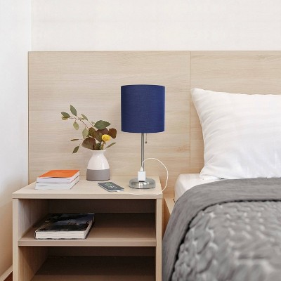 19.5" Navy Blue Fabric Shade Brushed Steel Nightstand Lamp