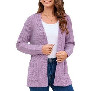 Cardigan Sweaters for Women Open Front Chunky Long Sleeve  Cable Knit Cardigan Outwear with Pockets Longline Sweater Cardigan - 1 of 4