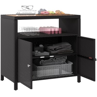 Outsunny Rattan Outdoor Storage Cabinet, Wicker Bar Table with Acacia Wood Countertop, Two Doors, Shelf, for Garden, Patio, Backyard