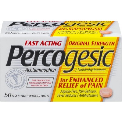 Percogesic Aspirin Free Pain Relief Tablets, Original Strength, Acetaminophen and Diphenhydramine, 50 ct