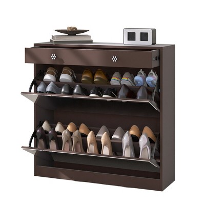 DOMETOUR Mirror Shoe Cabinet with 2 Tier Drawers, Entryway Shoe Organizer, Storage Rack with Mirror and 1 Drawer, Brown Finish