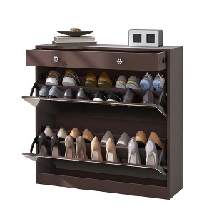 DOMETOUR Mirror Shoe Cabinet with 2 Tier Drawers, Entryway Shoe Organizer, Storage Rack with Mirror and 1 Drawer, Brown Finish - 1 of 4