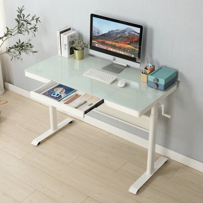 Tempered Glass Adjustable Standing Desk with Metal Drawer Ergonomic Workstation