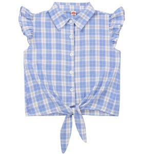 Girls Sleeveless Plaid Button Down Shirt Summer Crop Tops Tie Knot Ruffle Sleeve Shirt Blouse 3-12Y - 1 of 4