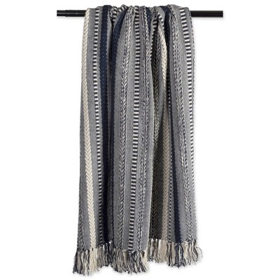 Navy and White Cotton Braided Striped Throw Blanket