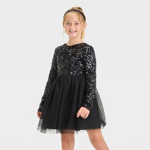 Girls' Long Sleeve Sequin Tulle Skirt Dress - Cat & Jack™ Black - 1 of 3