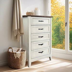 Garvee 5 Drawer Dresser, Farmhouse Tall Dresser for Closet, Rustic Chest of Drawer with Wide Metal Handles, Wood Dressers Organizer for Bedroom - 1 of 4