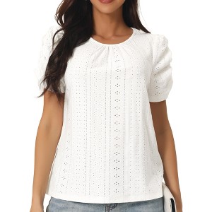 INSPIRE CHIC Women's Dressy Casual Crewneck Summer Ruched Short Sleeve Eyelet Tops - 1 of 4