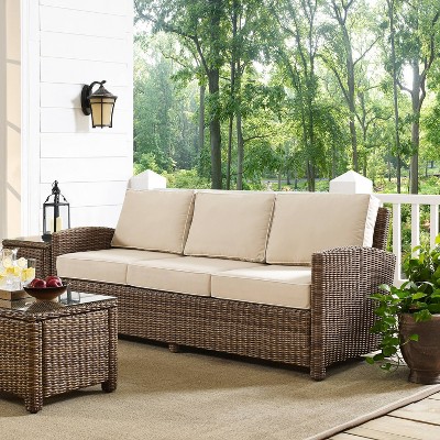 Beige Wicker and Steel Outdoor Three-Seat Sofa