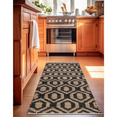 Handmade Black and Natural Geometric Jute Runner Rug