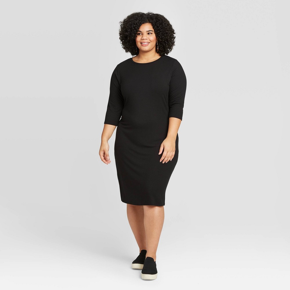 Women's Plus Size 3/4 Sleeve Rib-Knit Dress - A New Day Black 3X was $24.99 now $17.49 (30.0% off)