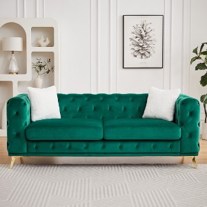 Kumasinova Velvet Chesterfield Sofa,Comfy Couch with Tufted Buttons,Spring Cushion,Metal Legs,2 Pillows,Sofa Couch for Living Room,Bedroom - 1 of 4